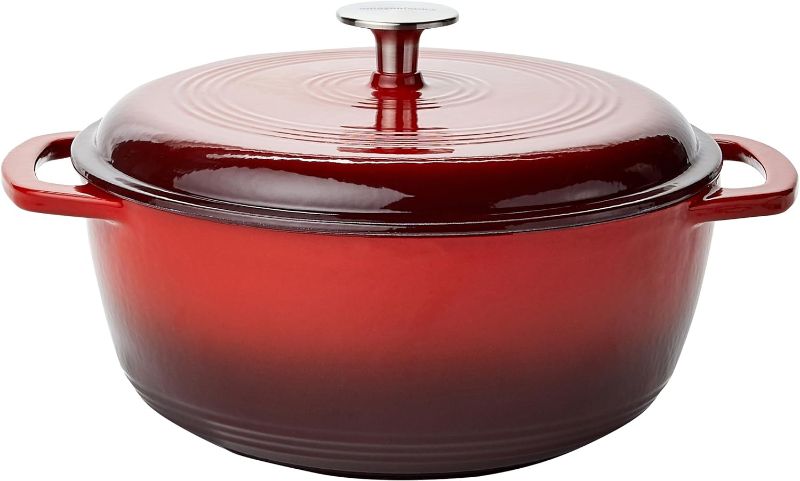 Photo 1 of Amazon Basics Enameled Cast Iron Covered Round Dutch Oven, 4.3-Quart, Red

*SMALL PAINT CHIP ON HANDLE*