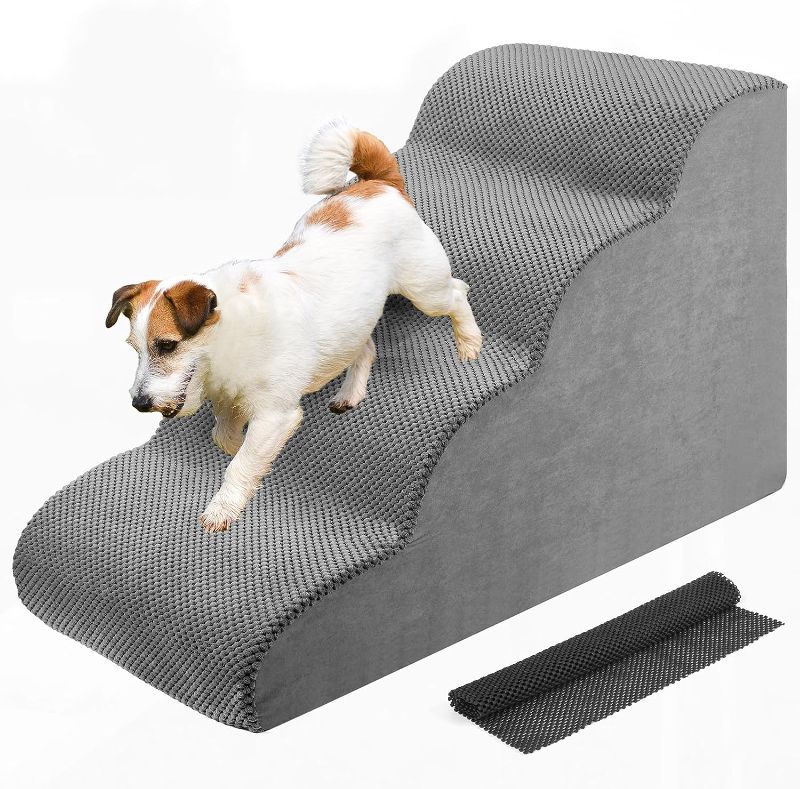 Photo 1 of 4 Steps Dog Ramp/Stairs for Beds and Couches,MOOACE Pet Stairs with High Density Expand Immediately Foam, Washable Cover and Pet Hair Remover Roller - Reduce Stress on Pet Joints/Easy to Walk