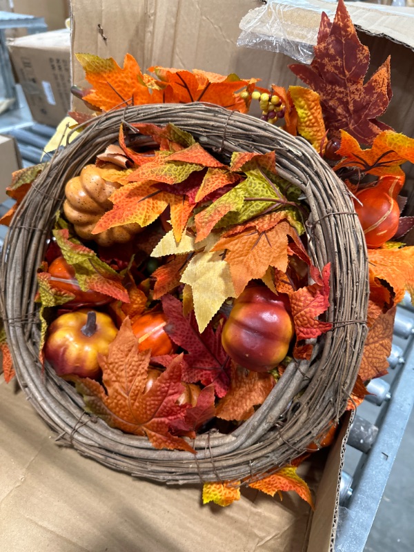 Photo 4 of 24 Inch Fall Wreaths for Front Door Outside, Fall Harvest Door Wreath with Pumpkins Berries Maple Leaves,Large Autumn Farmhouse Wreath for Thanksgiving Halloween Decorations Indoor Outdoor Home Decor