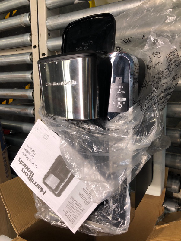 Photo 1 of Hamilton Beach 12 Cup Programmable Front-Fill Drip Coffee Maker with Glass Carafe, Auto Shutoff, 3 Brew Options, Black with Stainless & Chrome Accents (46321) Glass Carafe, Black with Stainless & Chrome Accent