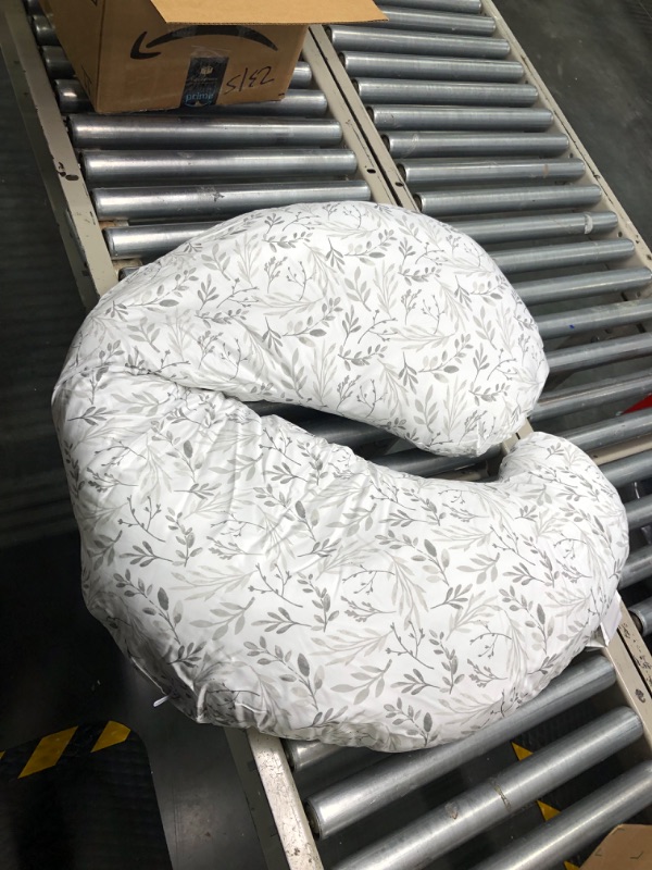 Photo 1 of Boppy Total Body Pregnancy Pillow with Easy-on Removable Pillow Cover in Gray Scattered Leaves for Full-body Support, Body Pillow for Pregnancy and Postpartum Positioning