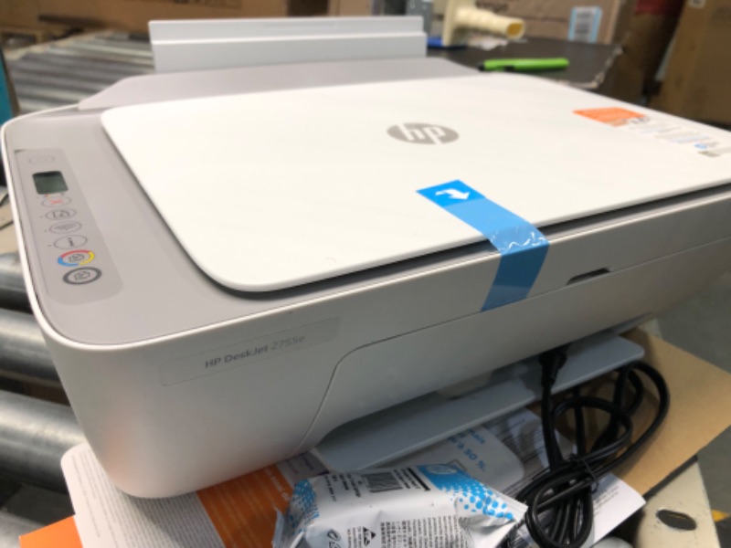 Photo 1 of HP DeskJet 2755e Wireless Color All-in-One Printer with bonus 6 months Instant Ink (26K67A), white