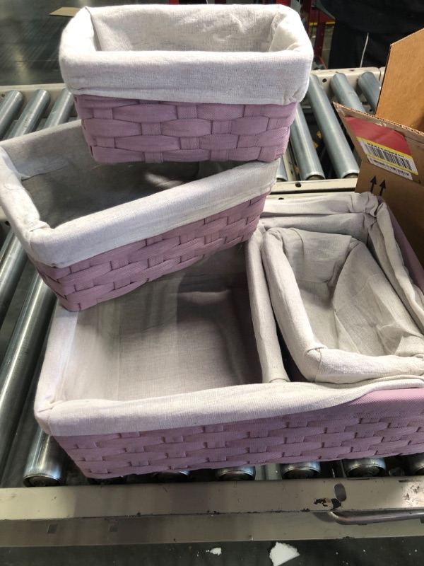 Photo 3 of 5 Pack Wicker Nesting Baskets with Cloth Lining for Pantry Shelves, Rectangular Storage Bins for Organizing Closet (Lavender, 3 Sizes) Purple