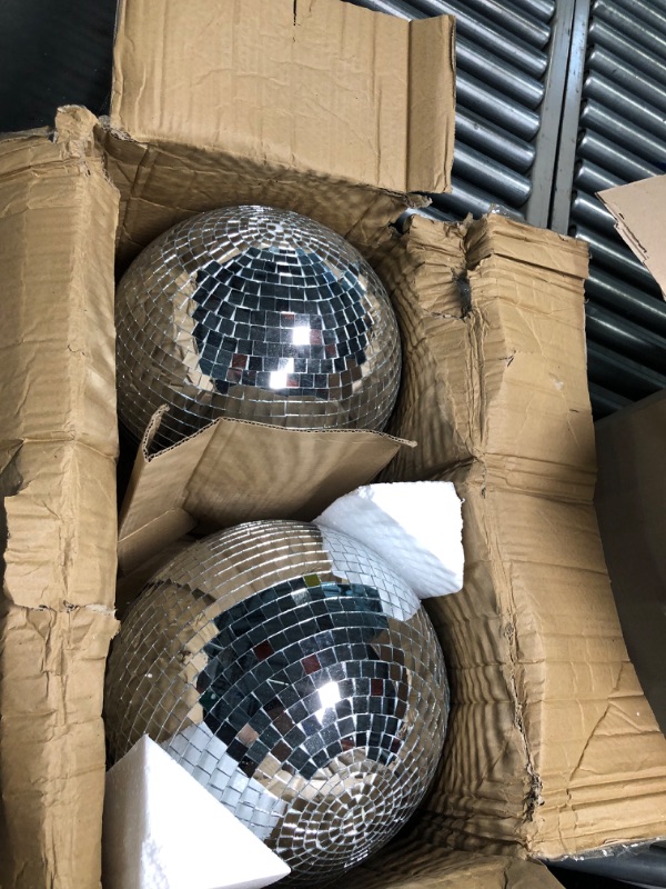 Photo 4 of 2 Pack Large Disco Ball Silver Hanging Mirror Disco Ball Reflective Mirror Disco Ball Ornament for Party Holiday Wedding Dance Music Festivals Decor Club Stage Props DJ Decoration (12 Inch, 12 Inch)