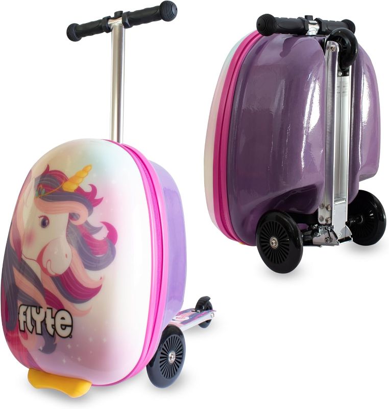 Photo 1 of FLYTE Scooter Suitcase Folding Kids Luggage – Luna the Unicorn, 18 Inch Hardshell, Ride On with Wheels, 2-in-1, 25 Litre Capacity