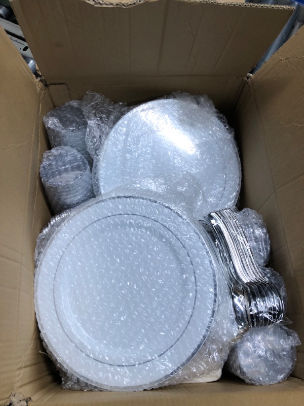 Photo 3 of 700 Piece Silver Dinnerware Set - 200 Silver Rim Plastic Plates - 300 Silver Plastic Silverware - 100 Silver Plastic Cups - 100 Linen Like Silver