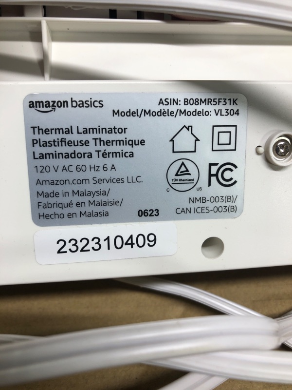Photo 1 of Amazon Basics 12-Inch Thermal Laminator Machine with Rapid Warm-Up (1 min), 20 Assorted Laminating Pouches Included, White