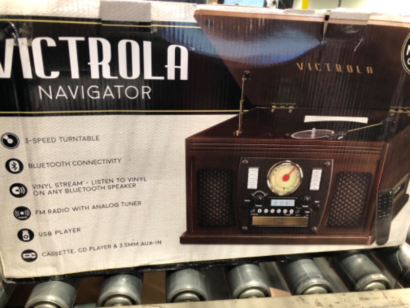 Photo 2 of *NO REMOTE* Victrola Navigator 8-in-1 Classic Bluetooth Record Player with USB Encoding and 3-Speed Turntable Bundle with Victrola Wooden Stand for Wooden Music Centers with Record Holder Shelf, Mahogany