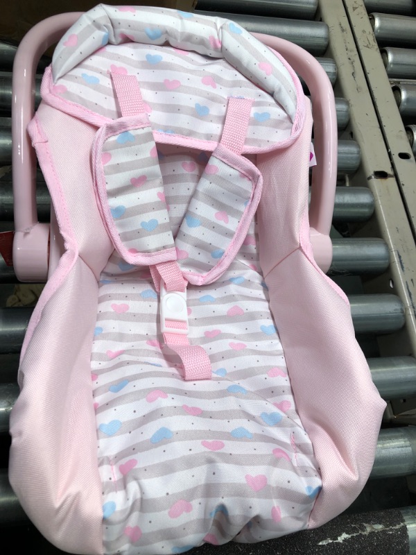 Photo 3 of Adora Baby Doll Car Seat - Pink Car Seat Carrier, Fits Dolls Up to 20 inches, Stripe Hearts Design, Multicolor Classic Pastel Pink and Blue