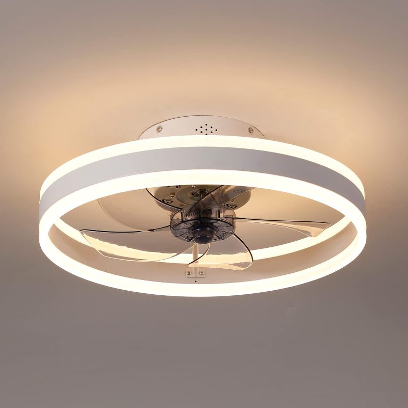 Photo 1 of 19.7" Ceiling Fans With Lights, Semi-enclosed Flush Mount Low Profile Ceiling Fan for Safe Use, 6 Speeds, Reversible, LED Dimmable, 3 Color Temperature Optional, DC Motor,With Remote(Minimalist) WHITE Double layer-Minimalist