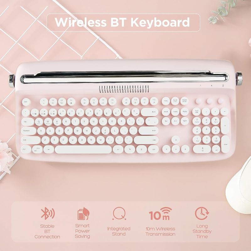 Photo 5 of YUNZII ACTTO B503 Wireless Typewriter Keyboard, Retro Bluetooth Aesthetic Keyboard with Integrated Stand for Multi-Device (B503, Baby Pink)
