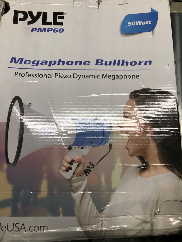 Photo 1 of PylePro PMP50 50 Watt 1,200 Yard Sound Range Portable Bullhorn Megaphone Speaker with Built In MP3 Input Jack and Loud Siren Alarm, Blue