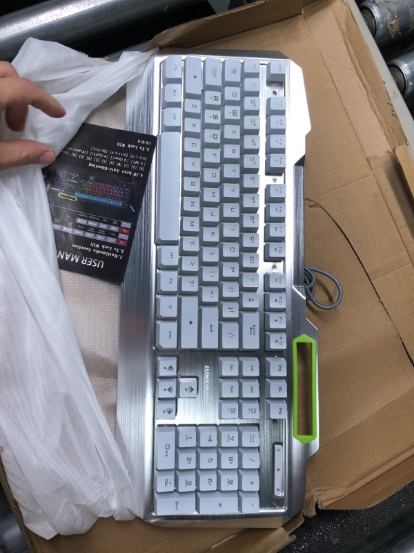 Photo 1 of Lumsburry RGB LED Backlit Gaming Keyboard with Anti-ghosting, Light up Keys Multimedia Control, USB Wired Waterproof Metal Keyboard for PC Games Office (Silver&White)