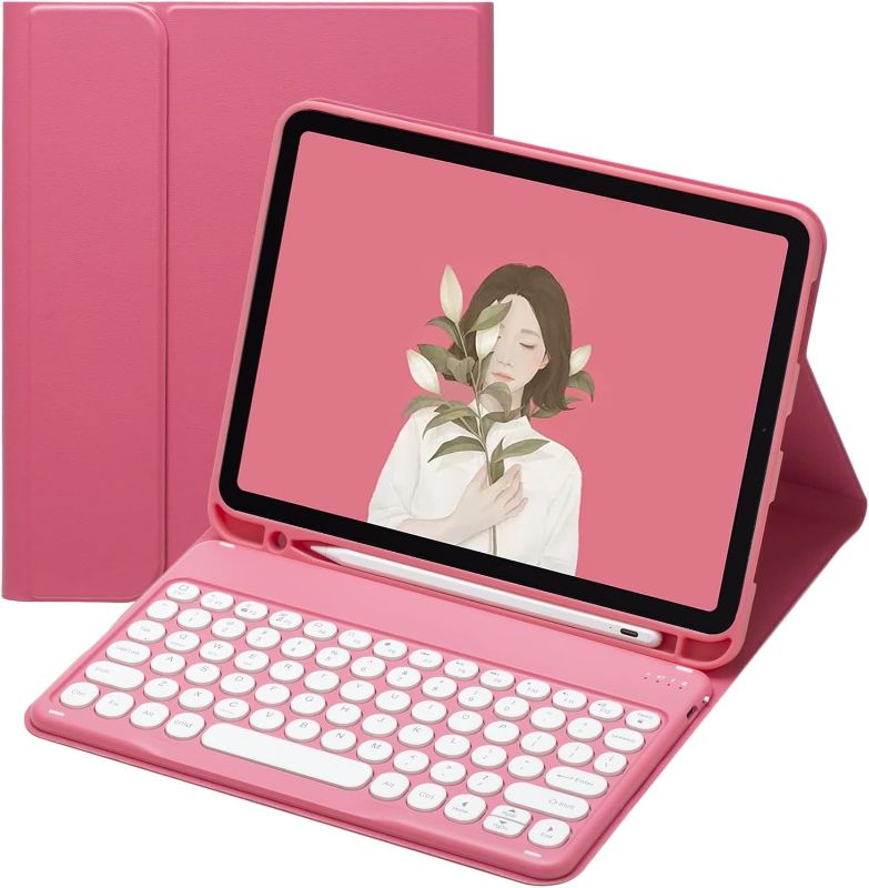 Photo 1 of HENGHUI iPad Air 5th 4th Generation Keyboard Case Cute Round Key Color Keyboard Wireless Detachable Bluetooth Keyboard Cover with Pencil Holder for iPad Air 5 iPad Air 4 10.9 inch (Dark Pink)