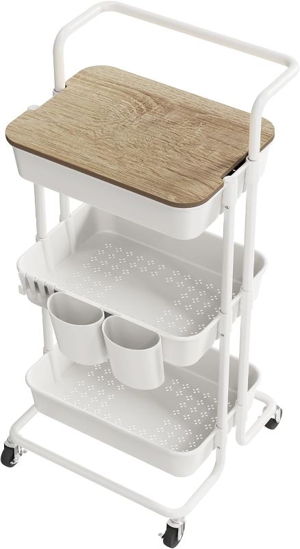 Photo 1 of DTK 3 Tier Rolling Cart Uility Cart with Cover Board, Mobile Storage Cart Trolley with Wheels, Cups, Hooks for Office Kitchen Bathroom Homeschool Art Craft Postpartum Teacher Cart Organizer(White)