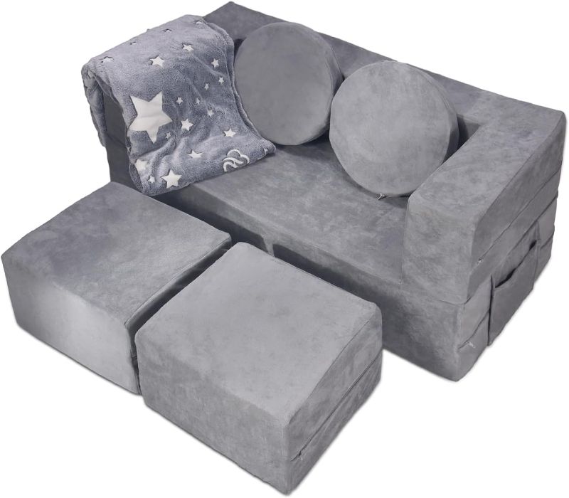 Photo 1 of BIERUM Kids Couch, 6PCS Toddler Couch with Blanket for Bedroom Playroom, Multifunctional Nugget Couch Kids Play Couch Sofa for Developing Child Intelligence, Creativity and Imagination, Grey
