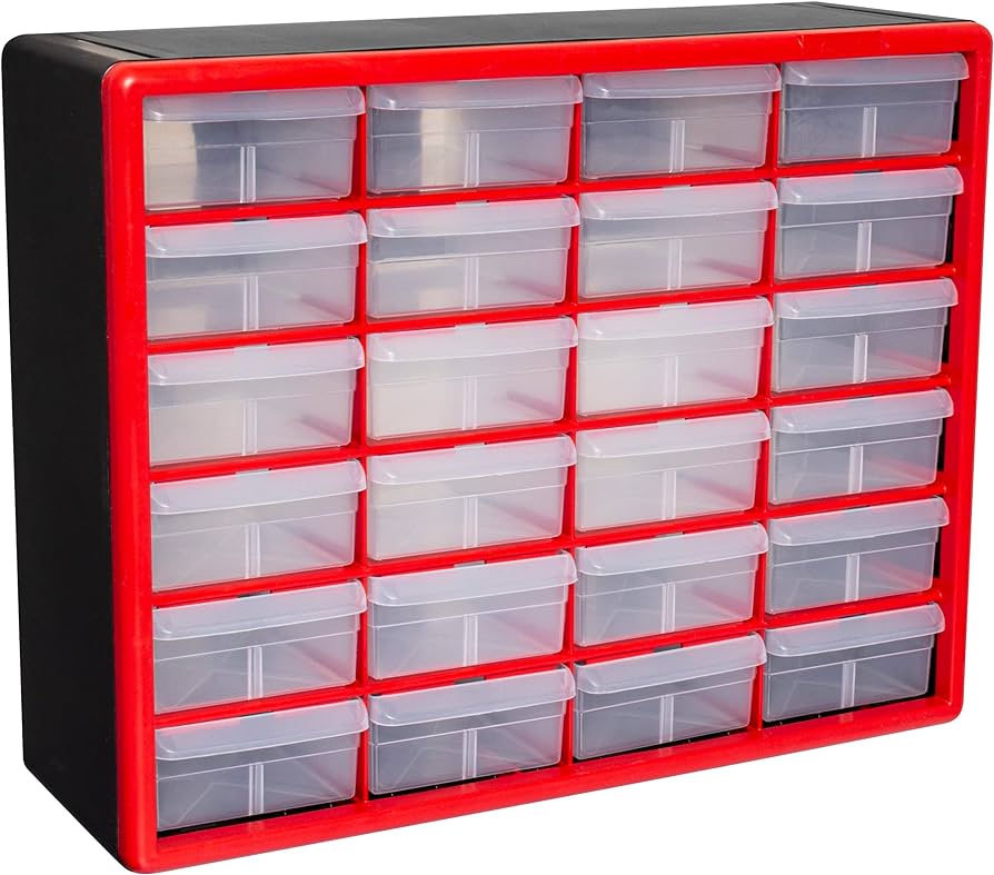 Photo 2 of Akro-Mils 10124, 24 Drawer Plastic Parts Storage Hardware and Craft Cabinet, 20-Inch W x 6-Inch D x 16-Inch H, Red