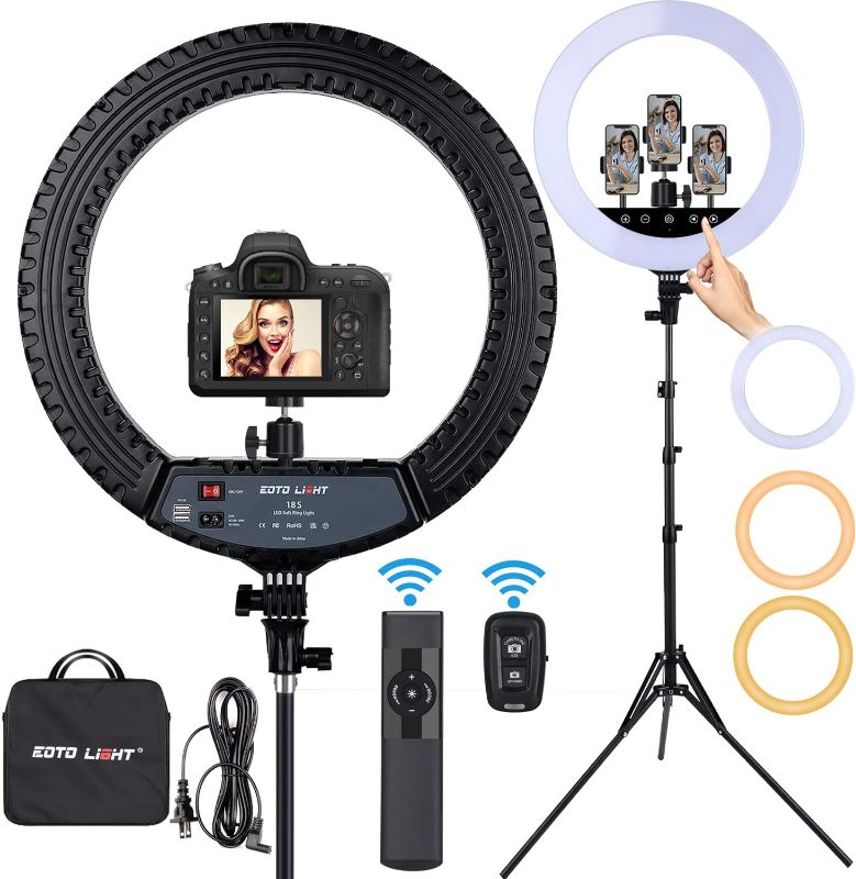 Photo 2 of 18 inch LED Ring Light with Tripod Stand Dimmable Makeup Selfie Ring Light for Studio Portrait YouTube Vlog Video Shooting with Carrying Bag and Remote Controller, CRI 90