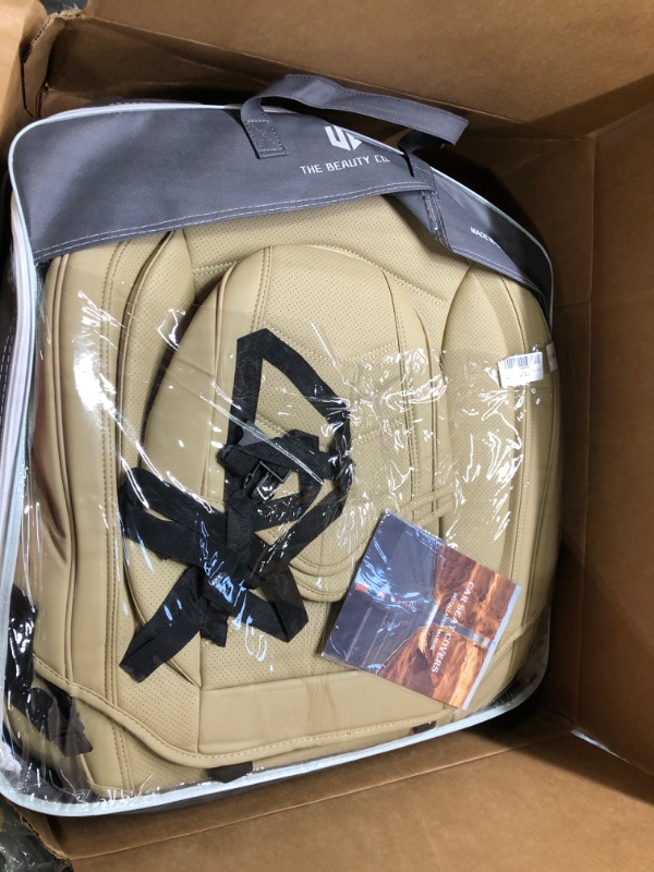 Photo 1 of CAR PASS Piping Leather Seat Cover,Universal FIT with Composite Sponge Inside,Airbag Compatible and Reserved Opening Holes,Inside zipper for Cars,Sedan,SUV,Truck(Full Set,Beige with Tan Piping-Stripe)
