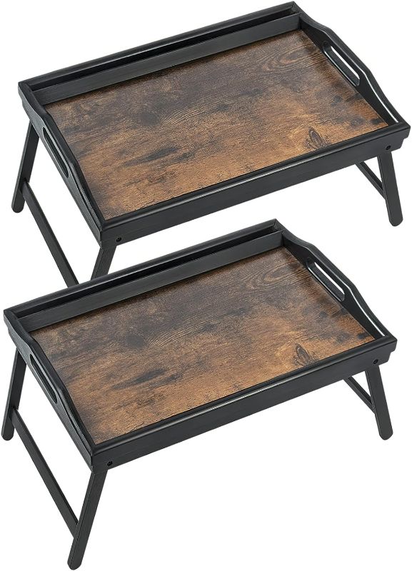 Photo 1 of 2 Pack Bed Tray Table Breakfast Trays Serving Tray Bamboo Bed Laptap Floding Legs with Handles and Phone Holders