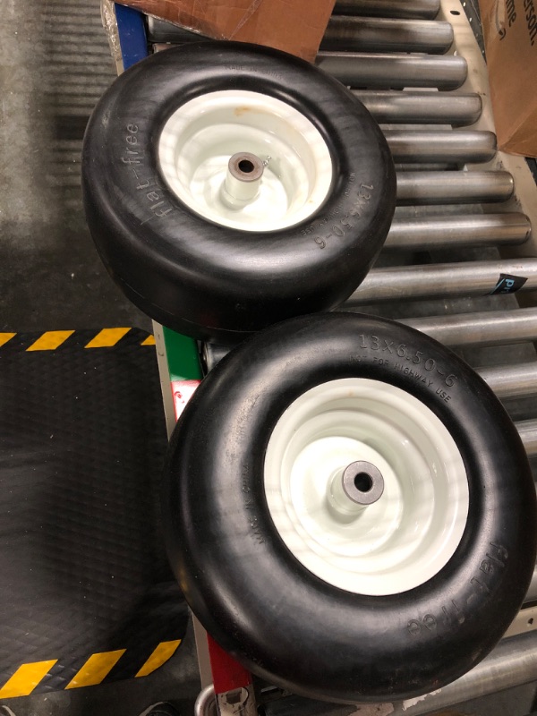 Photo 2 of 13x5.00-6" Flat Free Lawn Mower Tire, Zero Turn Mower Front Tire,Lawn Garden Turf Solid Tire and Wheel Assembly with Steel Rim, 3/4" Grease Bushing and 3.25"-5.9" Centered Hub, 2 pack