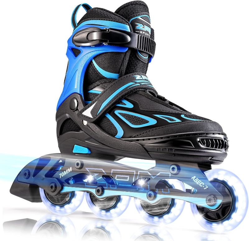 Photo 1 of 2PM SPORTS Vinal Girls Adjustable Flashing Inline Skates, All Wheels Light Up, Fun Illuminating Skates for Kids and Men- Azure Small (1Y-4Y US) Azure & Blue Large - Youth (4-7 US)