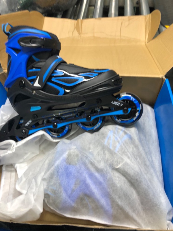 Photo 3 of 2PM SPORTS Vinal Girls Adjustable Flashing Inline Skates, All Wheels Light Up, Fun Illuminating Skates for Kids and Men- Azure Small (1Y-4Y US) Azure & Blue Large - Youth (4-7 US)
