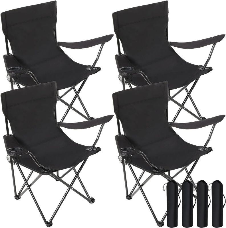 Photo 1 of 4 Pack Folding Camping Chairs with Carrying Bag Portable Lawn Chairs Lightweight Beach Chairs Outdoor Black Collapsible Chair with Mesh Cup Holder for Travel Outside Camp Beach Fishing Sports