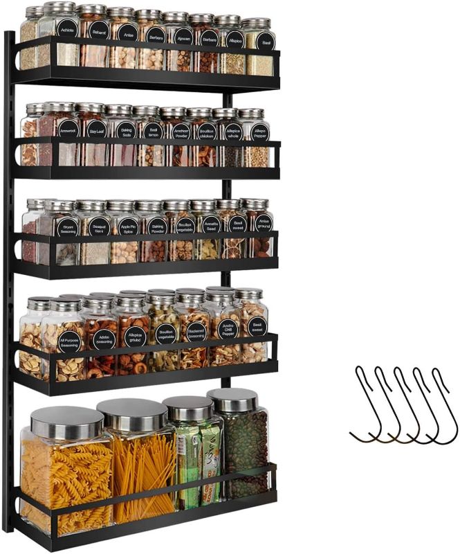 Photo 1 of ******ATTACH TO DOOR********* X-cosrack Wall Mount Spice Rack Organizer 5 Tier Height-Adjustable Hanging Spice Shelf Storage for Kitchen Pantry Cabinet Door, Dual-Use Seasoning Holder Rack with Hooks, Black-Patented