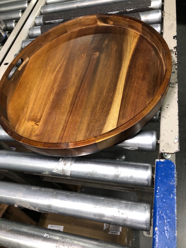 Photo 2 of 14" Wooden Tray, Natural Acacia Wood, Lazy Susan Rotating Mechanism Base Serving Tray Round, Carved Handles & Rimmed Edge Rustic Centerpiece Display