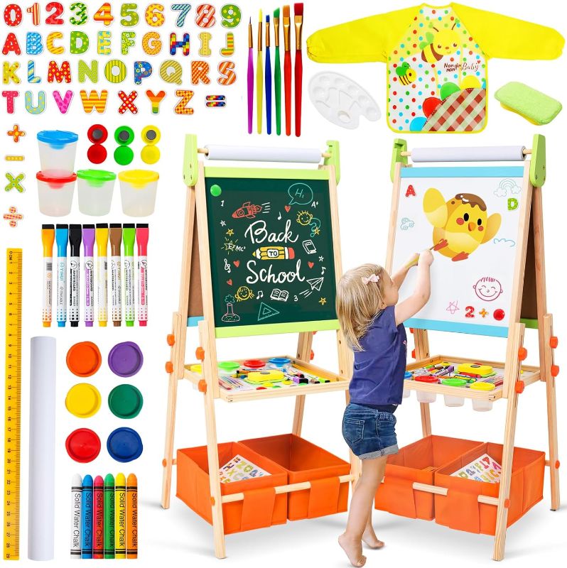 Photo 1 of Kids Wooden Art Easel Double-Sided Whiteboard and Chalkboard Adjustable Standing Easel with Paper Roll Holder,Letters and Numbers Magnets and Other Accessories Gift for Kids Toddlers Boys and Girls