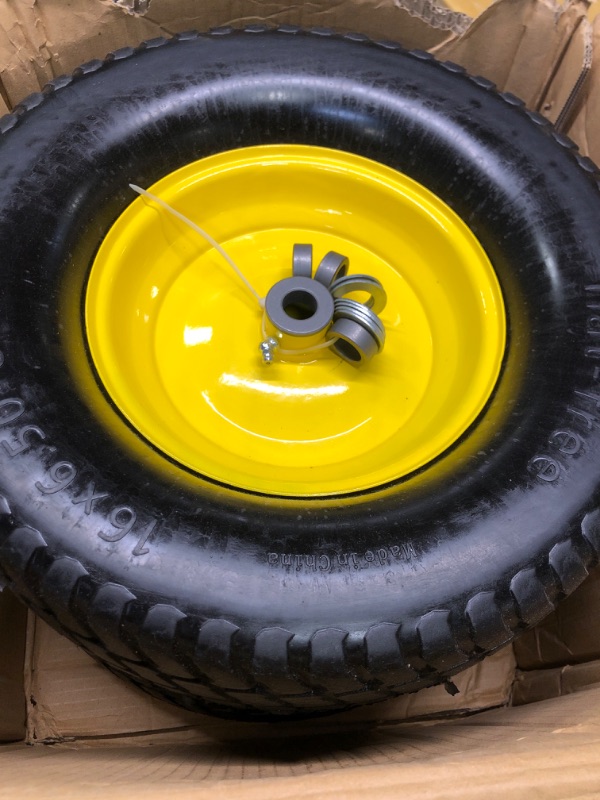 Photo 2 of (2 Pack) AR-PRO Exact Replacement 15" x 6.00 - 6" Front Tire and Wheel Assemblies for John Deere Riding Mowers - Compatible with John Deere 100 and D100 Series - 3” Hub Offset and 3/4” Bushings 15" x 6.00-6" Yellow