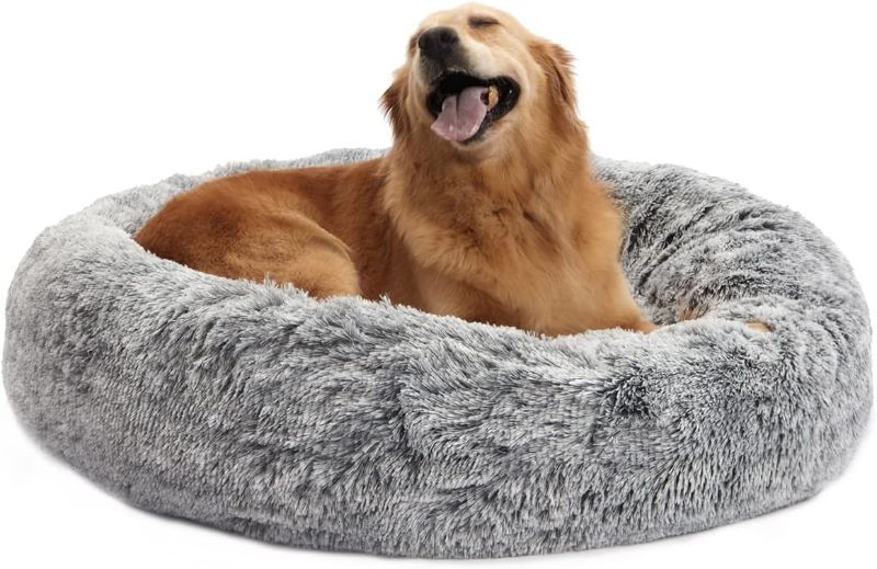 Photo 1 of Bedfolks Calming Donut Dog Bed, 36 Inches Round Fluffy Dog Beds for Large Dogs, Anti-Anxiety Plush Dog Bed, Machine Washable Pet Bed (Dark Grey, Large) Large(D36") Dark Grey
