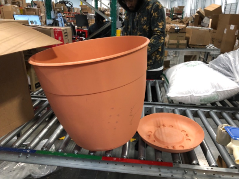 Photo 4 of Bloem Dayton Planter with Saucer: 20" - Coral - 100% Recycled Plastic Pot, Removable Saucer, Elevated Feet, for Indoor and Outdoor Use, Gardening, 16.5 Gallon Capacity Coral 20"