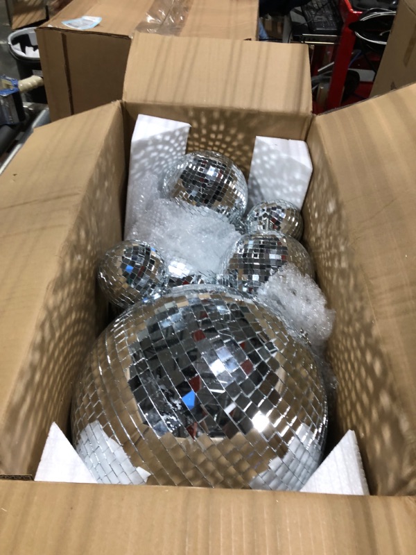 Photo 2 of 8 Pcs Large Disco Ball Set Silver Mirror Disco Balls Reflective Ball with Hanging Ring Party Hanging Ornament Decoration for Stage Club Ballroom Dance Hall Wedding Prom Props (12'', 8'', 6'', 4'')