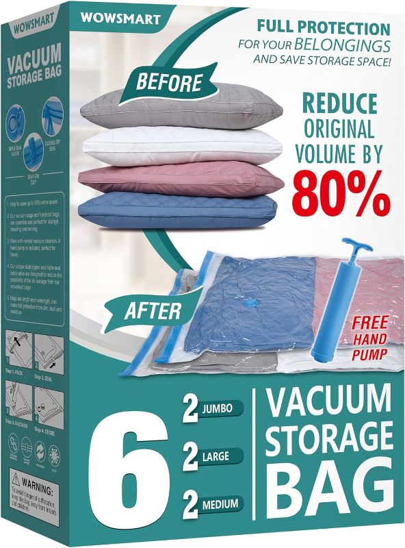 Photo 1 of 6 Pack Vacuum Storage Bags, Space Saver Bags (2 Jumbo/2 Large/2 Medium) Compression Storage Bags for Comforters and Blankets, Vacuum Sealer Bags for Clothes Storage, Hand Pump Included