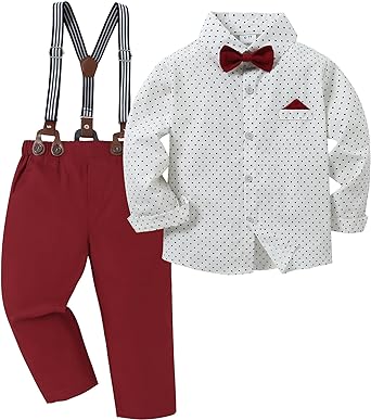 Photo 1 of DISAUR Boy Clothes Suits, Big Kid Dress Shirt with Bowtie + Suspender Pants Outfit Sets Gentleman Wedding 6-10 Years