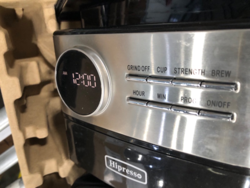 Photo 1 of Hipresso Programmable Drip Coffee Maker with Burr Grinder,12 Cups,Black/Stainless Steel with Water Filter