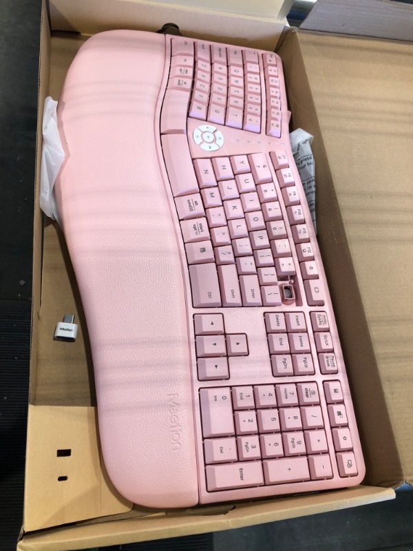 Photo 3 of MEETION Ergonomic Keyboard, Split Wireless Keyboard with Cushioned Wrist, Palm Rest, Curved, Natural Typing Full Size Rechargeable Keyboard with USB-C Adapter for PC/Computer/Laptop/Windows/Mac, Pink