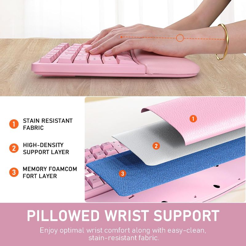 Photo 1 of MEETION Ergonomic Keyboard, Split Wireless Keyboard with Cushioned Wrist, Palm Rest, Curved, Natural Typing Full Size Rechargeable Keyboard with USB-C Adapter for PC/Computer/Laptop/Windows/Mac, Pink