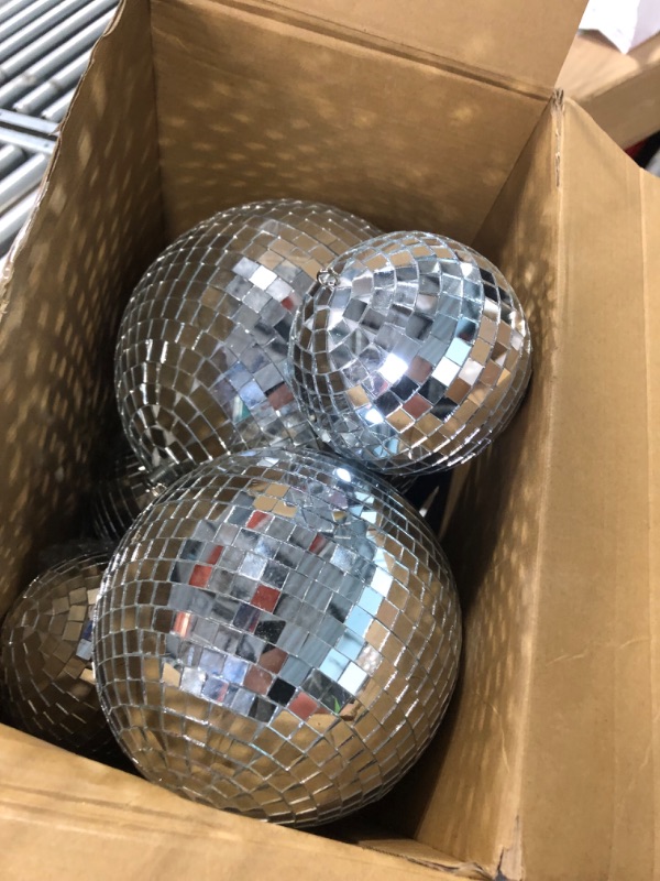 Photo 2 of 8 Pcs Large Disco Ball Set Silver Mirror Disco Balls Reflective Ball with Hanging Ring Party Hanging Ornament Decoration for Stage Club Ballroom Dance Hall Wedding Prom Props Supplies, 8'' 6'' 4'' 8'', 6'', 4''