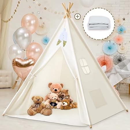Photo 1 of 
Roll over image to zoom in
Sisticker Teepee Play Tent for Kids with Floor Mat, Feathers and Bunting, Foldable Indoor Outdoor Playhouse Tent, Teepee Gifts for Baby or Toddlers, Holiday Birthday Gift
