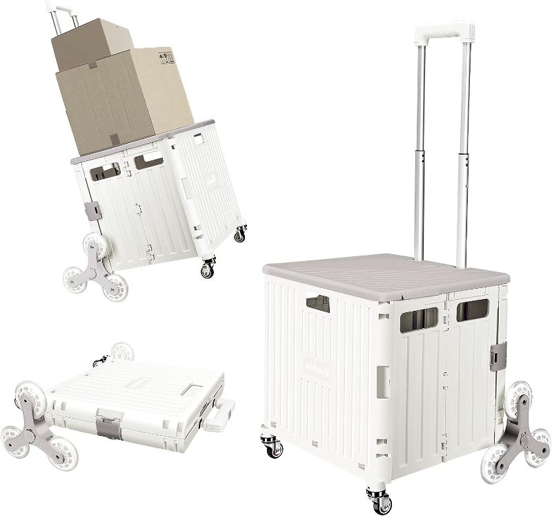 Photo 1 of Honshine Foldable Cart with Stair Climbing Wheels, Collapsible Rolling Crate with Telescoping Handle, Handcart for Grocery Book File Tool Art Supplies(Milky White)

