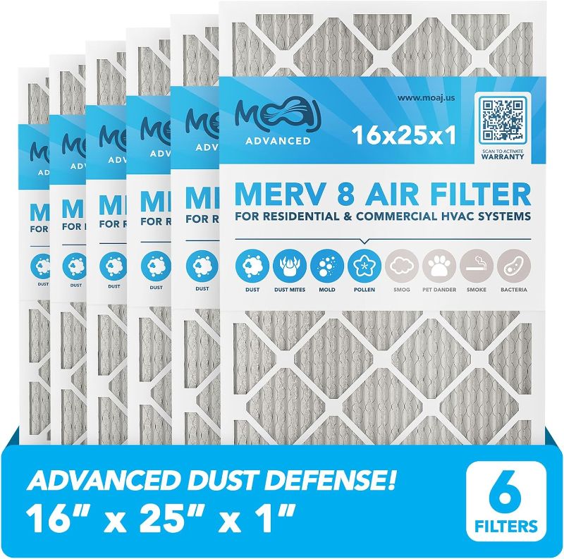 Photo 2 of 16x25x1 Air Filter (4-PACK) | MERV 8 | MOAJ Advanced Dust Defense | BASED IN USA | Quality Pleated Replacement Air Filters for AC & Furnace Applications | Actual Dimensions: 15.70” x 24.70” x 0.75”
