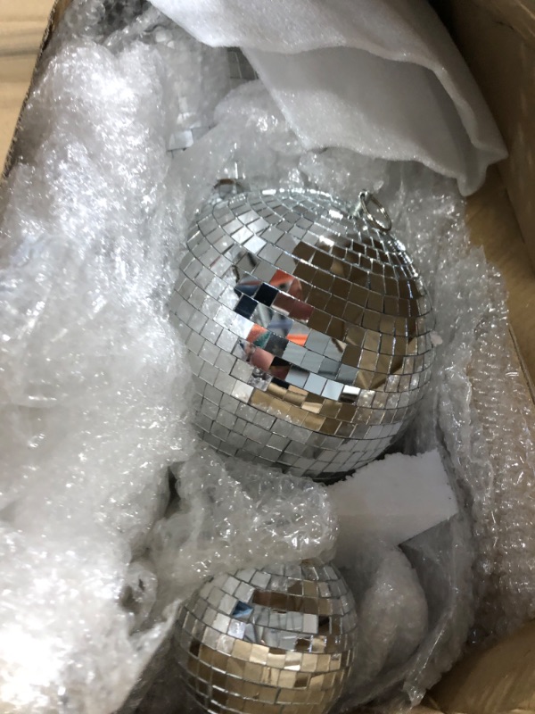 Photo 3 of 8 Pcs Large Disco Ball Set Silver Mirror Disco Balls Reflective Ball with Hanging Ring Party Hanging Ornament Decoration for Stage Club Ballroom Dance Hall Wedding Prom Props (12'', 8'', 6'', 4'')