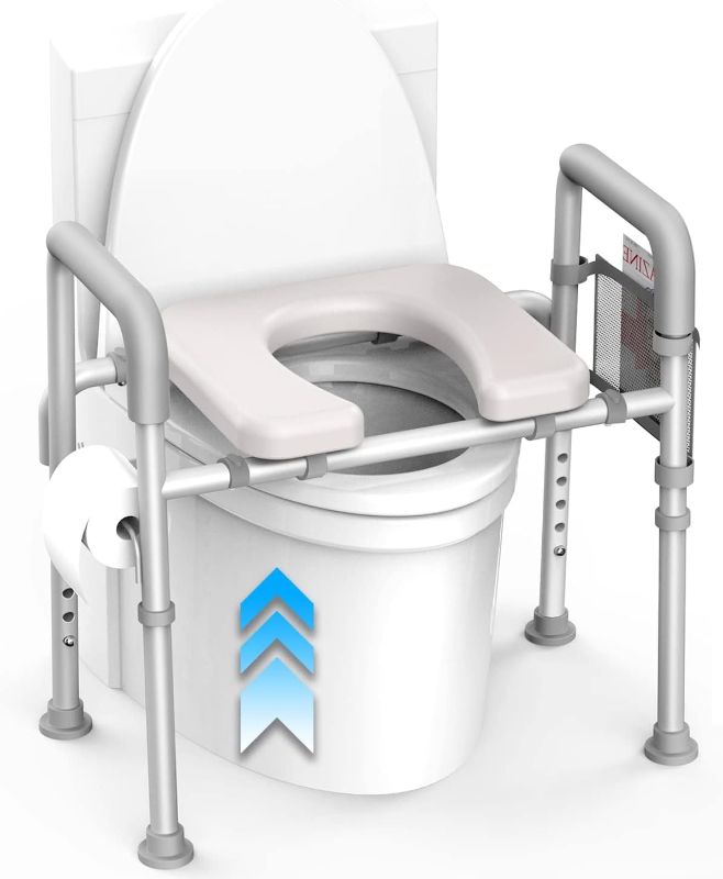 Photo 1 of Agrish Raised Toilet Seat with Handles - Cozy Padded Elevated Medical Commode w/Storage Bag & Paper Holder 350lb Adjustable Safety Assist Shower Chair...
