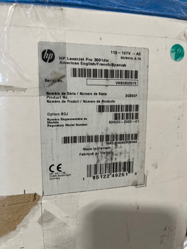 Photo 1 of HP LaserJet Pro 3001dw Wireless Black & White Printer