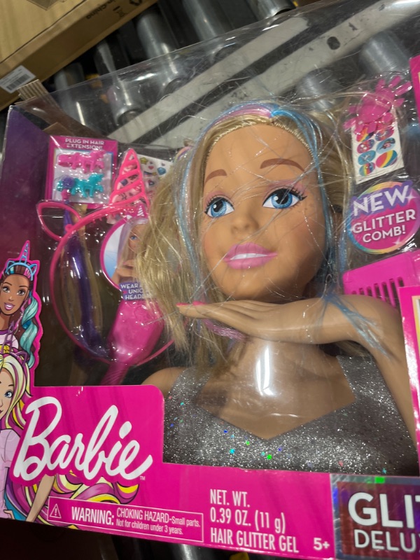 Photo 3 of Barbie Deluxe 20-Piece Glitter and Go Styling Head, Blonde Hair and Unicorn Headband, Kids Toys for Ages 5 Up by Just Play