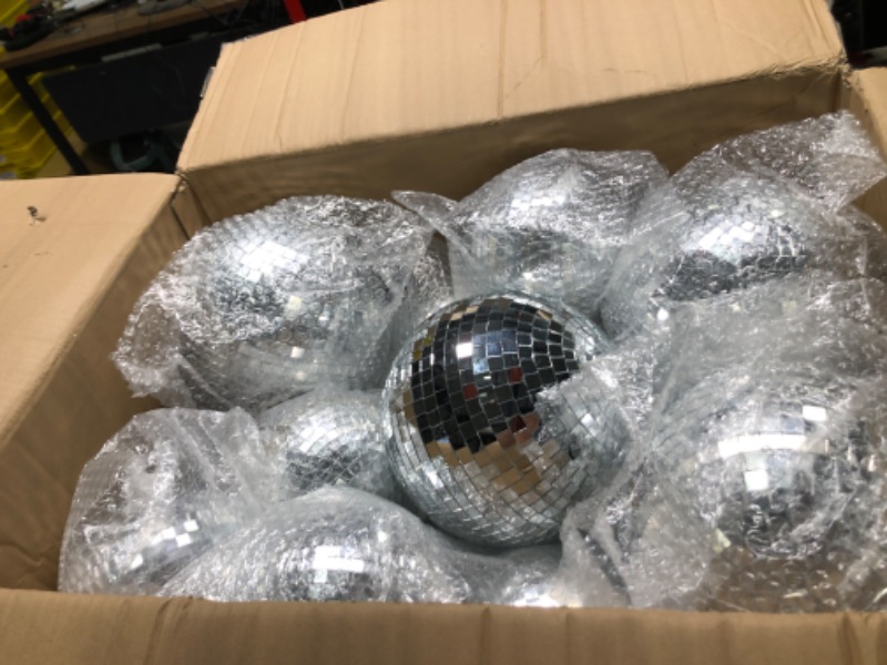 Photo 3 of 20 Pcs Hanging Mirror Disco Ball Ornaments Mardi Gras Assorted Silver Mini Glass Disco Balls Decoration Different Sizes Reflective with Rope(8 Inch, 6 Inch)