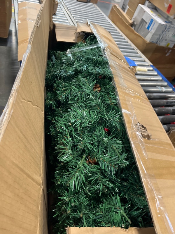 Photo 1 of 7.5 feet Artificial Christmas Tree with 600 Lights(Warm White & Colorful - 11 Modes) | Prelit Pre-Decorated Spruce 7.5 ft Xmas Tree with 1400 Tips, 40 Pinecones, 40 Berries, Gloves, Metal Base, Green